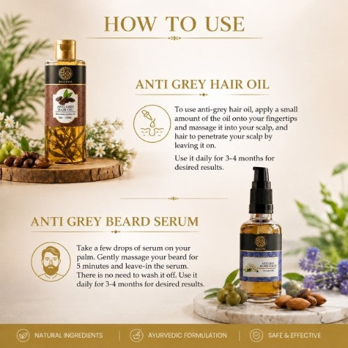 Anti Grey Hair Oil & Anti Grey Beard Serum Combo - 100% Ayush Certified - Combat Greying of Hair & Beard, Naturally Prevents Greying